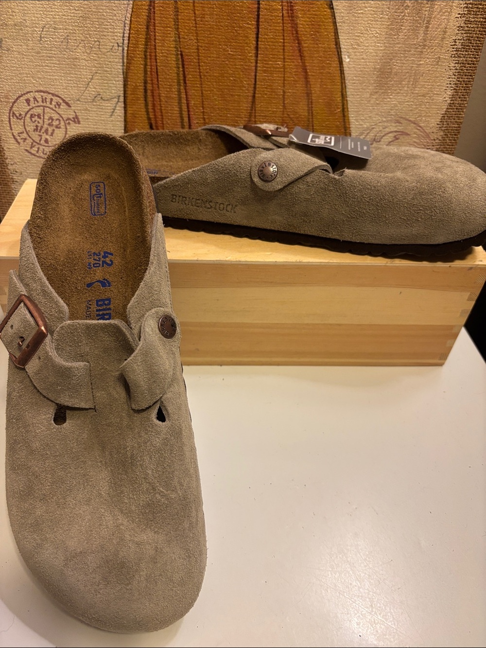 Birkenstock Men’s Suede Boston Clogs in Taupe Brown soft footbed